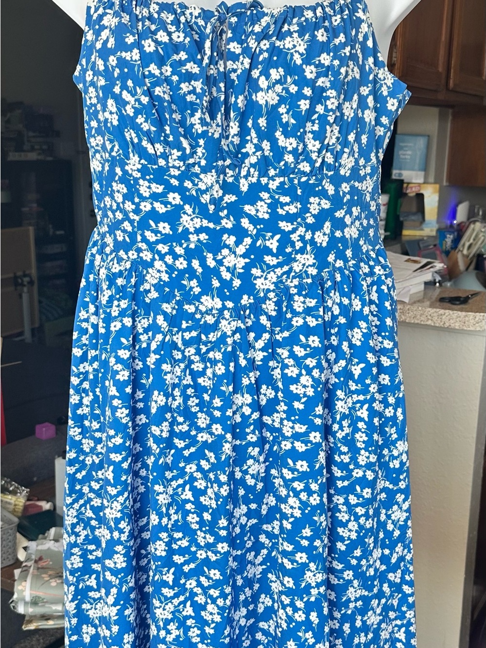 Bright Blue Floral Maxi Dress with White Print
